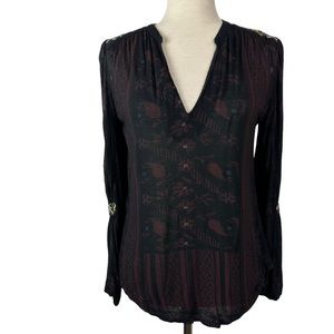 Lucky Brand Black Burgundy Boho Print Floral Embroidery Top V-Neck Bell Sleeve